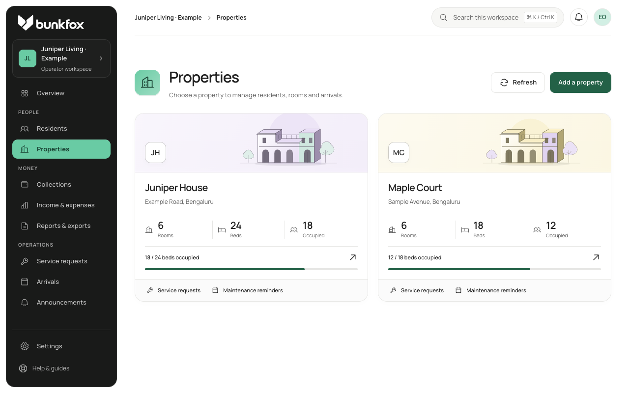 Example workspace · fictional records only: Set up your first property.